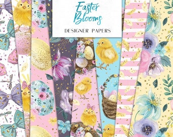 Easter Blooms Digital Papers Flowers Eggs Basket Chicken Chicks Gold Glitter Seamless Pattern, planner stickers, Fabric printing