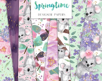 Spring Digital Paper Koala Butterflies Flowers Brush Strokes Pack Seamless Pattern