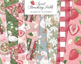 Strawberries Digital Papers | Sweet Strawberry Fields Picnic Jam Goose Spring Seamless Surface Patterns planner stickers, graphics, Fabric