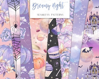 Dreamy Night Halloween Seamless Digital Papers | Pastel Pumkins Bat Moon Castle Spiders | patterns, planner stickers, Sublimation , Fabric