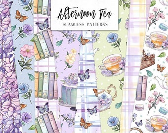 Afternoon Tea Seamless Digital Papers | Spring Floral, plaid, books, Tea Party  | Seamless Patterns planner stickers, graphics, Fabric