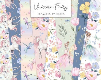 Unicorn Fairy Seamless Digital Papers | Whimsical Pastel Spring Floral, dragonflies  | Seamless Patterns planner stickers, graphics, Fabric