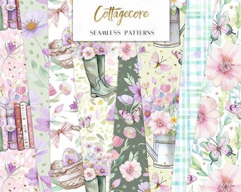 Cottagecore Seamless Digital Papers | Spring Easter Floral, plaid, books, gardening  | Seamless Patterns planner stickers, graphics, Fabric