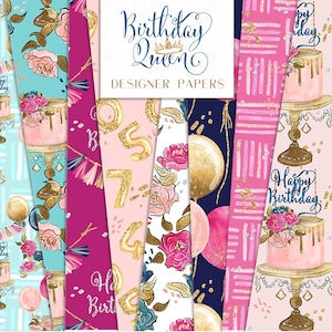 Queen compleanno Digital Pack moda palloncino torta zigoli coriandoli cartamodelli | adesivi di pianificatore, risorse grafiche, tessuto, sullo sfondo