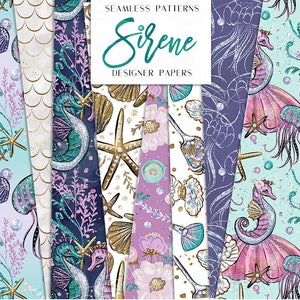Sirena Digital Papers / Seahorse Starfish Sea life Glitter Scale Seamless Surface Patterns / planner stickers, recursos gráficos, Fabric