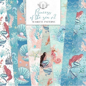 Mermaid Digital Papers | Princess of the Sea V2 Castle Starfish Seahorse Seamless Surface Patterns | planner stickers, graphics, Fabric