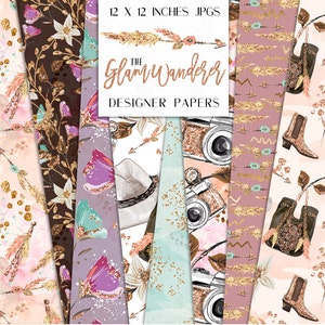 Digitala resepapper | Glam Wanderer-kamerafjädrar, blommor, guldfolie, glittermönster | planeringsklistermärken, grafikresurser, tyg