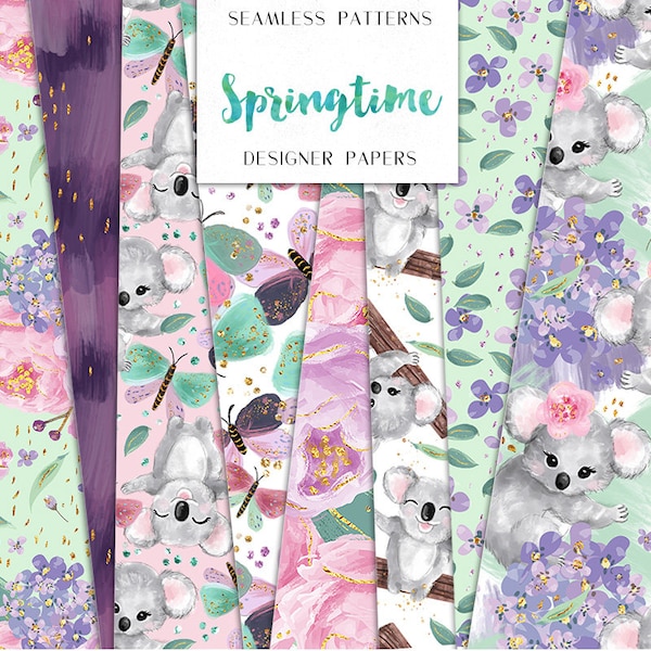 Spring Digital Paper Koala Butterflies Flowers Brush Strokes Pack Seamless Pattern