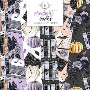 Wzory cyfrowe książek na Halloween | Moonlight Booklover Typewritter Bats Seamless Surface Patterns | papiery cyfrowe, Sublimacja, Tkanina