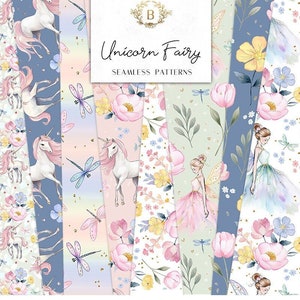 Papiers numériques sans couture Unicorn Fairy | Floral printanier pastel lunatique, libellules | Stickers planificateur Seamless Patterns, graphiques, tissu