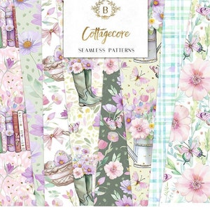 Cottagecore Seamless Digital Papers | Frühling Ostern Blumen, Karo, Bücher, Gartenarbeit | Seamless Patterns Planer Sticker, Grafik, Fabric