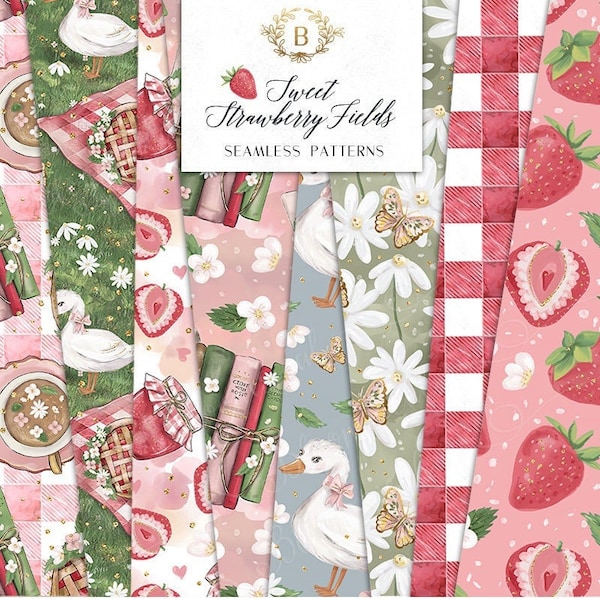 Strawberries Digital Papers | Sweet Strawberry Fields Picnic Jam Goose Spring Seamless Surface Patterns planner stickers, graphics, Fabric