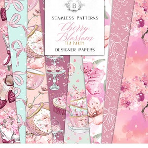Kirschblüten Teeparty Digitale Papiere | Frühling Blumen nahtlose Oberflächenmuster | Planner Sticker, Grafik-Ressourcen, Stoff