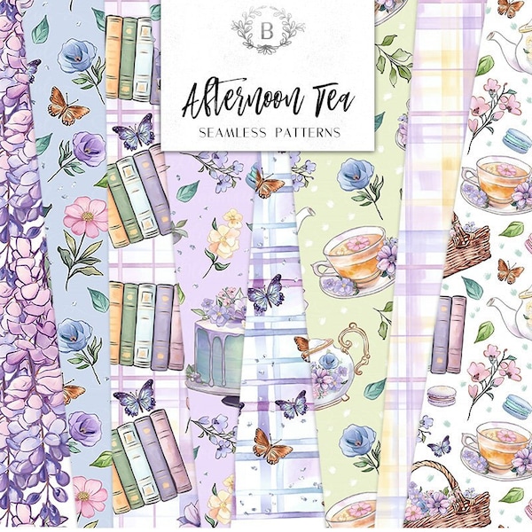 Afternoon Tea Seamless Digital Papers | Spring Floral, plaid, books, Tea Party  | Seamless Patterns planner stickers, graphics, Fabric