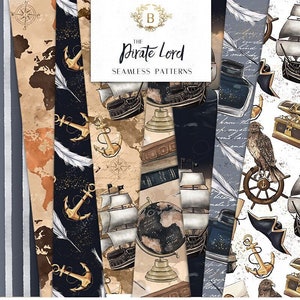 Pirate Lord Digital Papers | Voilier Eagle Treasure World Map Academia Boy Seamless Surface Patterns | autocollants de planificateur, graphiques, tissu