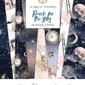 Hemelse digitale documenten | Galaxy Maan Sterren Klok Hemel Viering Naadloze oppervlaktepatronen | planner stickers, grafische bronnen, stof