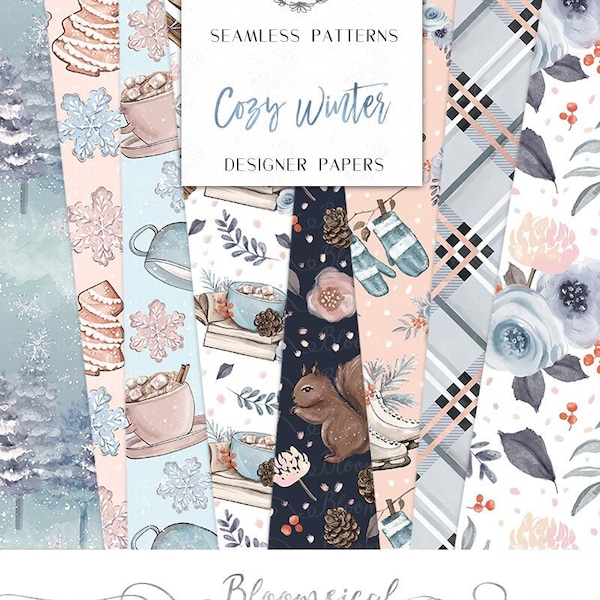 Cozy Winter Digital Papers / Floral Christmas Tree Coffee Cookies Modelli di superficie senza cuciture / adesivi planner, risorse grafiche, tessuto