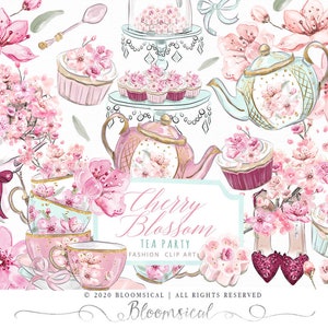 桜のティーパーティー クリップアート | 春の花、桜の花、ファッション、水彩画、グラフィック リソース | プランナー ステッカー、デジタル クリップアート