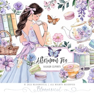 Afternoon Tea Clipart-Kollektion | Frühling Blumen Mode Mädchen Bücher Teekanne Aquarell Illustration Grafiken Planner Sticker, digital png