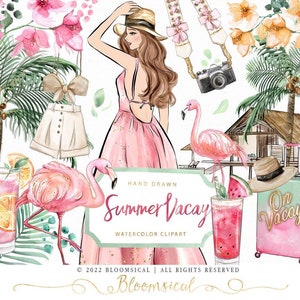 Summer Vacay Clip Art Fashion Girl Vacation Tropical Leaves Flowers illustration Hand Drawn Graphics | Planner Stickers, Digital Cliparts