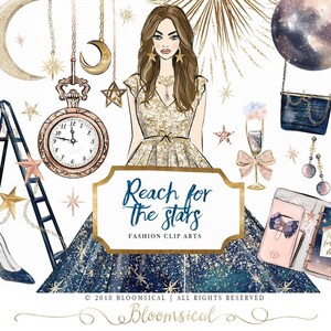 Celestial Clip Art Mode Illustration Mädchen Galaxy Sterne Heißluftballon Handgemalte Blumen Grafiken Planner Aufkleber, digitale Cliparts