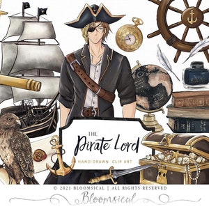 Piraten Lord Clip Art Kapitän Schiff Adler Academia Bücher Schatzkarte Schwert Seejunge Illustration Grafik Planer Sticker, Digitale Cliparts