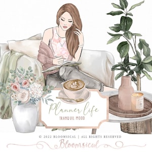 Planner Life Tranquil Clip Art Fashion Girl Home Decor Plant Vase Coffee Illustration Hand Drawn Graphics Planner Stickers Digital Cliparts