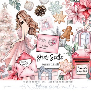 Querido Papá Noel Clipart de Navidad / Flores Árboles de Navidad, letras, pan de jengibre, cajas de regalo, Sublimación png / Gráficos de calcomanías de planificador