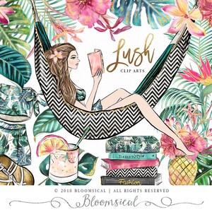 Lush Clip Art Fashion Girl Reading Tropical Leaves Palm Flowers illustration Hand Drawn Graphics | Planner Stickers, Digital Cliparts
