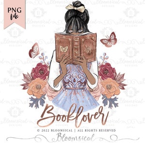 Booklover Sublimation Graphic / PNG File / Afroamericana Ragazza Principessa Fairytale Autunno / Libri Floreali / Tote T-Shirt Art Design Download
