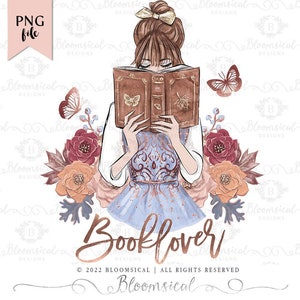 Buchliebhaber Sublimation Grafik | PNG Datei | Herbst Märchen Prinzessin Mädchen | Bücher Bibliothek Floral | Tote T-Shirt Art Design Download DIY