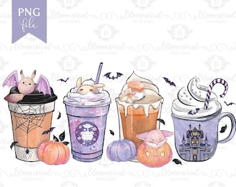 Cute Creatures Halloween Coffee Drinks PNG | Iced Latte Frappuccino Pumpkin Bat Sublimation Graphic | PNG File | Autumn T-shirt Stickers