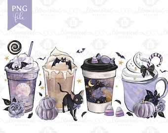Cute Halloween Coffee Drinks PNG | Cat Moon Iced Latte Frappuccino Pumpkin Bat Sublimation Graphic | PNG File | Autumn T-shirt Stickers