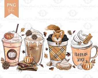 May include: An illustration of four fall-themed beverages: a pumpkin spice latte, a caramel macchiato, a coffee with a fox, and a pumpkin spice mug. The image includes pumpkins, leaves, and the text "Pumpkin Spice". The PNG file is from Bloomsical Designs.