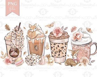 May include: Watercolor illustration featuring four fall-themed coffee cups and mugs. Designs include leopard print, a sleeping fox, a deer, and decorative elements like roses, butterflies, and pumpkins. The image includes the text "PNG file" and "Bloomsical Designs".