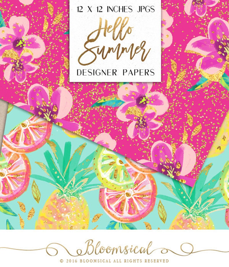 Summer Digital Papers Tropical Pineapple Lemon Oranges Cocktail Flowers pattern designs graphics planner stickers resources image 5