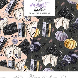 May include: Seamless patterns featuring illustrations of books, pumpkins, bats, and flowers in shades of black, gold, purple, and peach. The text "Moonlight books" is displayed in a purple script font. The Bloomsical logo and copyright information are also visible.