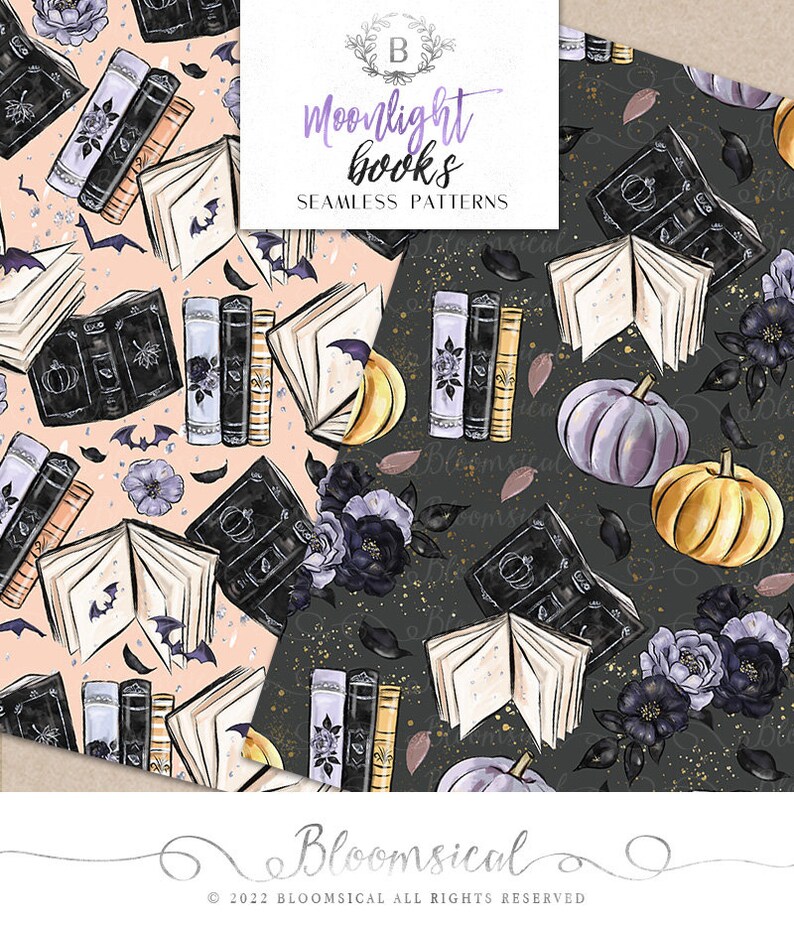 May include: Seamless patterns featuring illustrations of books, pumpkins, bats, and flowers in shades of black, gold, purple, and peach. The text "Moonlight books" is displayed in a purple script font. The Bloomsical logo and copyright information are also visible.