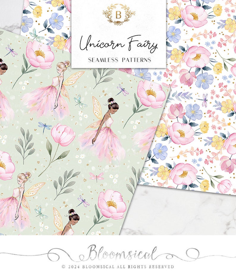 Unicorn Fairy Seamless Digital Papers Whimsical Pastel Spring Floral, dragonflies Seamless Patterns planner stickers, graphics, Fabric image 5