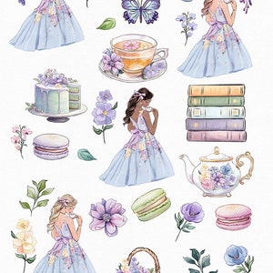 Afternoon Tea Clipart collection Spring Flowers Fashion Girl Books Tea Pot Watercolor Illustration Graphics Planner Stickers, digital png image 2