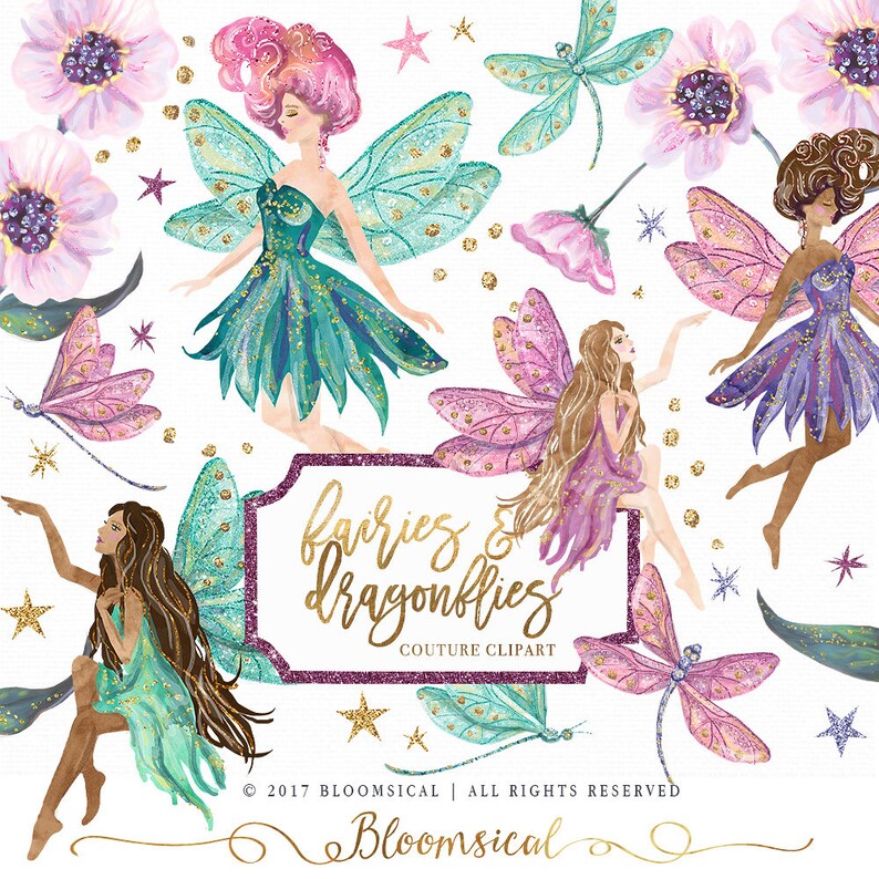 Fairies Dragonflies Clip art Hand drawn Flowers Glitter Etsy