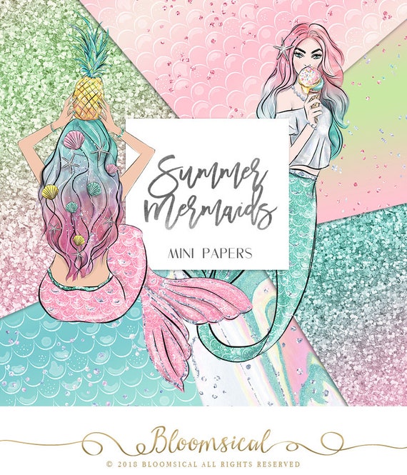Summer Mermaids Mini Papers Scale Glitter Ombre Glitter Sky Background Scrapbooking Planner Stickers Digital Pattern Background