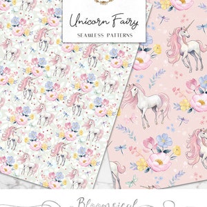 Unicorn Fairy Seamless Digital Papers Whimsical Pastel Spring Floral, dragonflies Seamless Patterns planner stickers, graphics, Fabric image 4