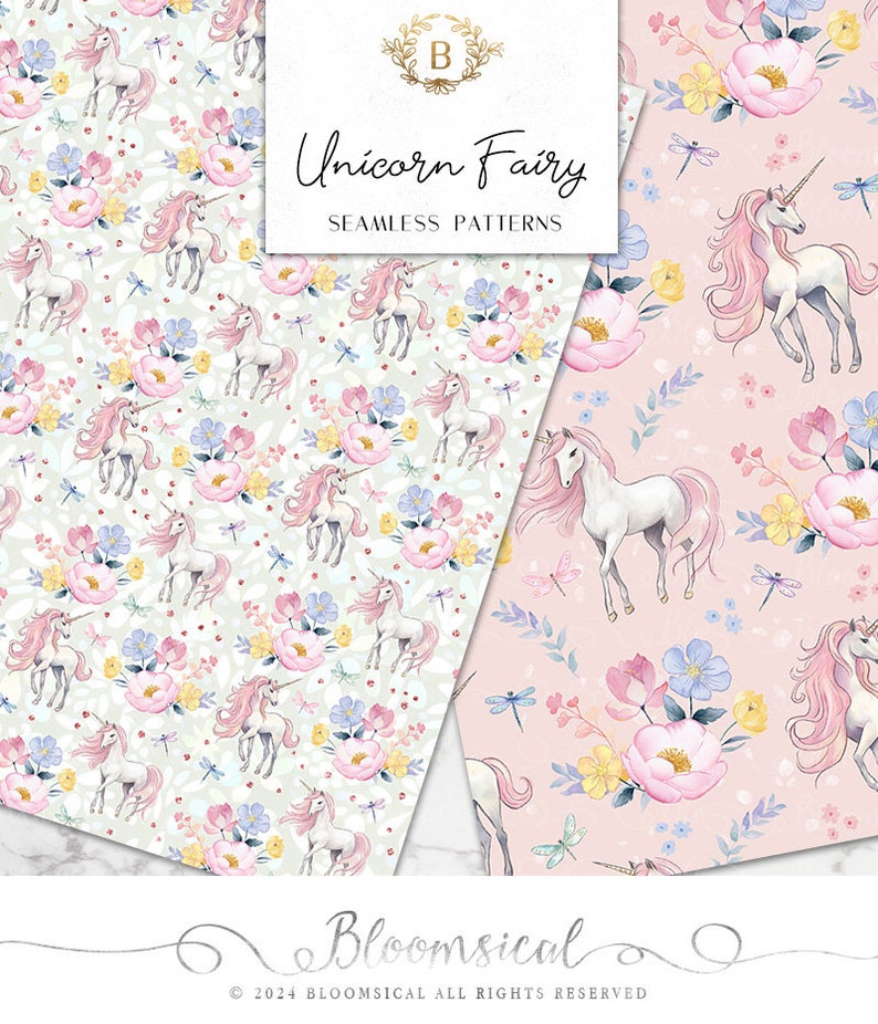 Unicorn Fairy Seamless Digital Papers Whimsical Pastel Spring Floral, dragonflies Seamless Patterns planner stickers, graphics, Fabric image 4