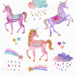 Glitter Unicorns Clip Art Glam unicorn, clouds, stars, rainbow glitter Graphics Cards, Planner Stickers Digital Printable Cliparts image 3