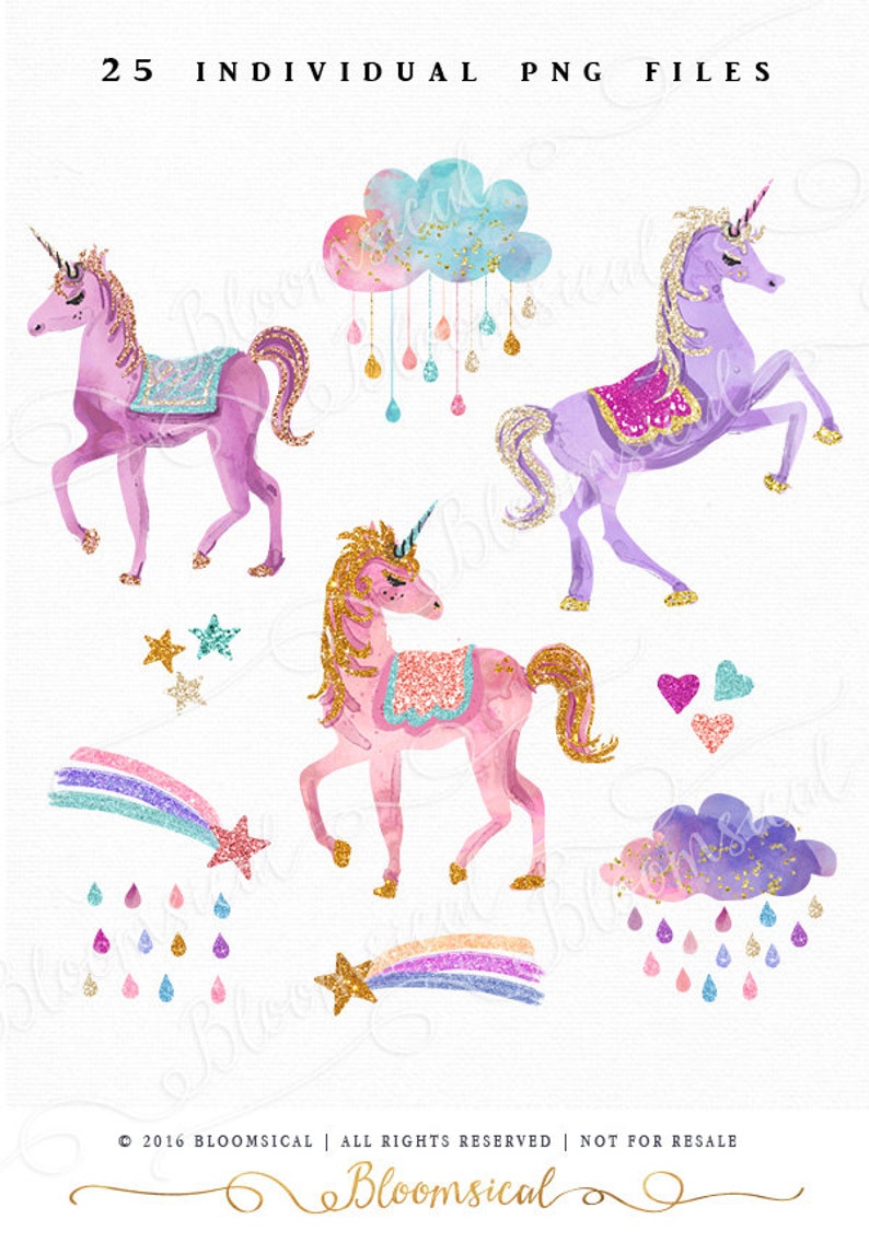 Glitter Unicorns Clip Art Glam unicorn, clouds, stars, rainbow glitter Graphics Cards, Planner Stickers Digital Printable Cliparts image 3