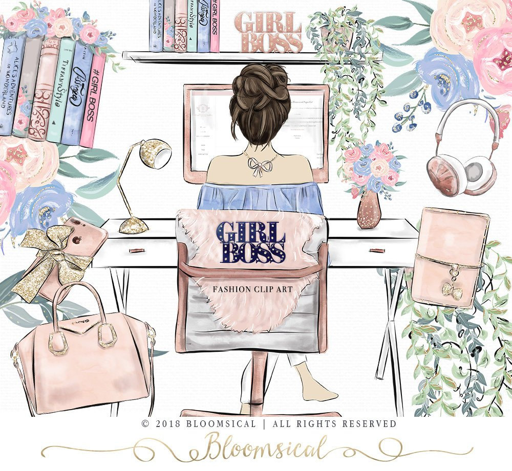 Girl Boss Clip Art |  Fashion Illustration Work Girl Home Office Scene Books Computer Graphics | Planner Stickers, Digital Cliparts
