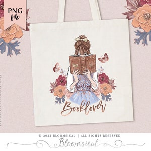 Booklover Sublimation Graphic PNG File Autumn Fairytale Princess Girl Books Library Floral Tote T-Shirt Art Design Download DIY image 2