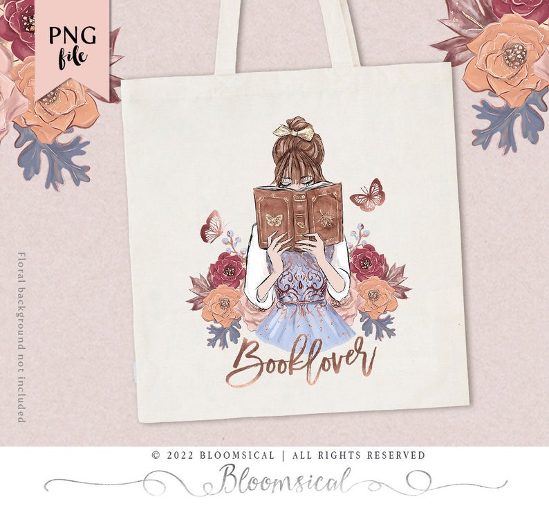 Booklover Sublimation Graphic PNG File Autumn Fairytale Princess Girl Books Library Floral Tote T-Shirt Art Design Download DIY image 2