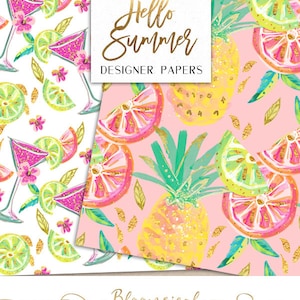 Summer Digital Papers Tropical Pineapple Lemon Oranges Cocktail Flowers pattern designs graphics planner stickers resources image 2